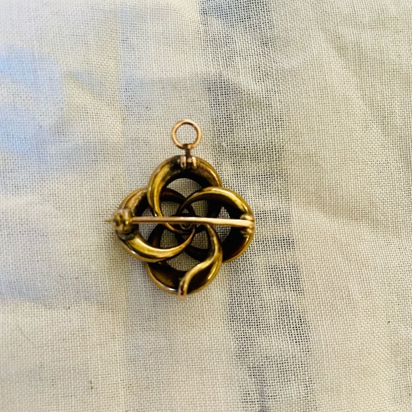 Antique Victorian 14k, Diamond, White & Blue Floral Enamel Etched Knot Pendant - Picture 3 of 5